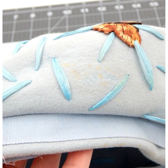 Vintage Womens Felt Beret Hat Blue Butterfly Applique Meyer Brothers Raffia
